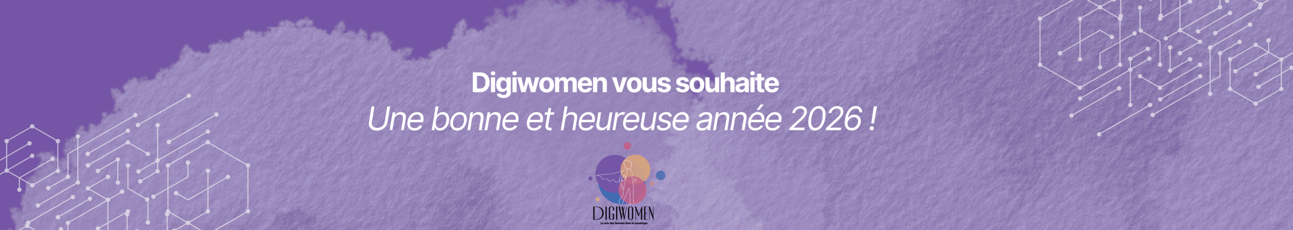 Banniere DigiWomen bonne et heureuse annee 2026 avec logo et motifs technologiques sur fond violet