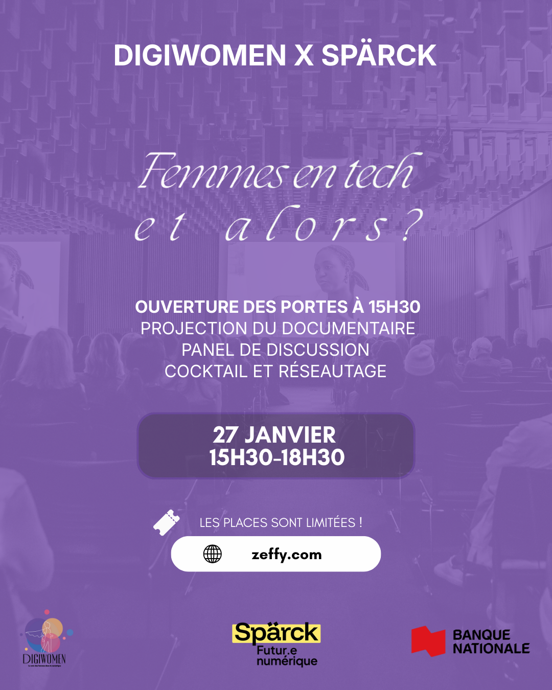 Affiche evenement DigiWomen x Sparck projection documentaire Femmes en tech et alors 27 janvier 2026 avec Banque Nationale